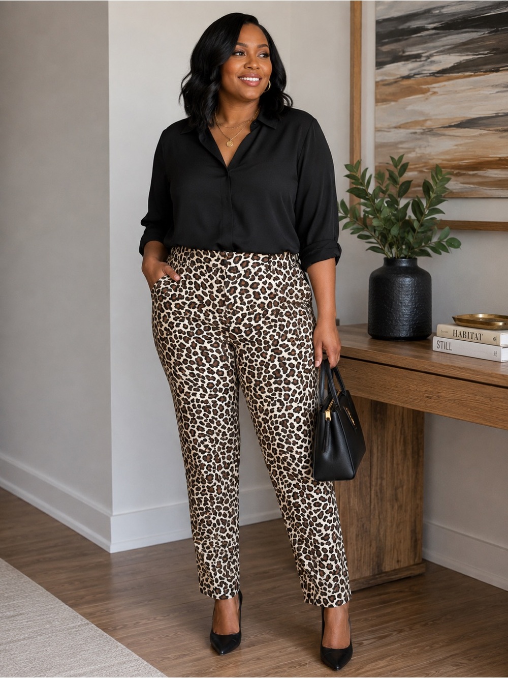 Leopard Print High-Waist Trousers - Brown/Beige